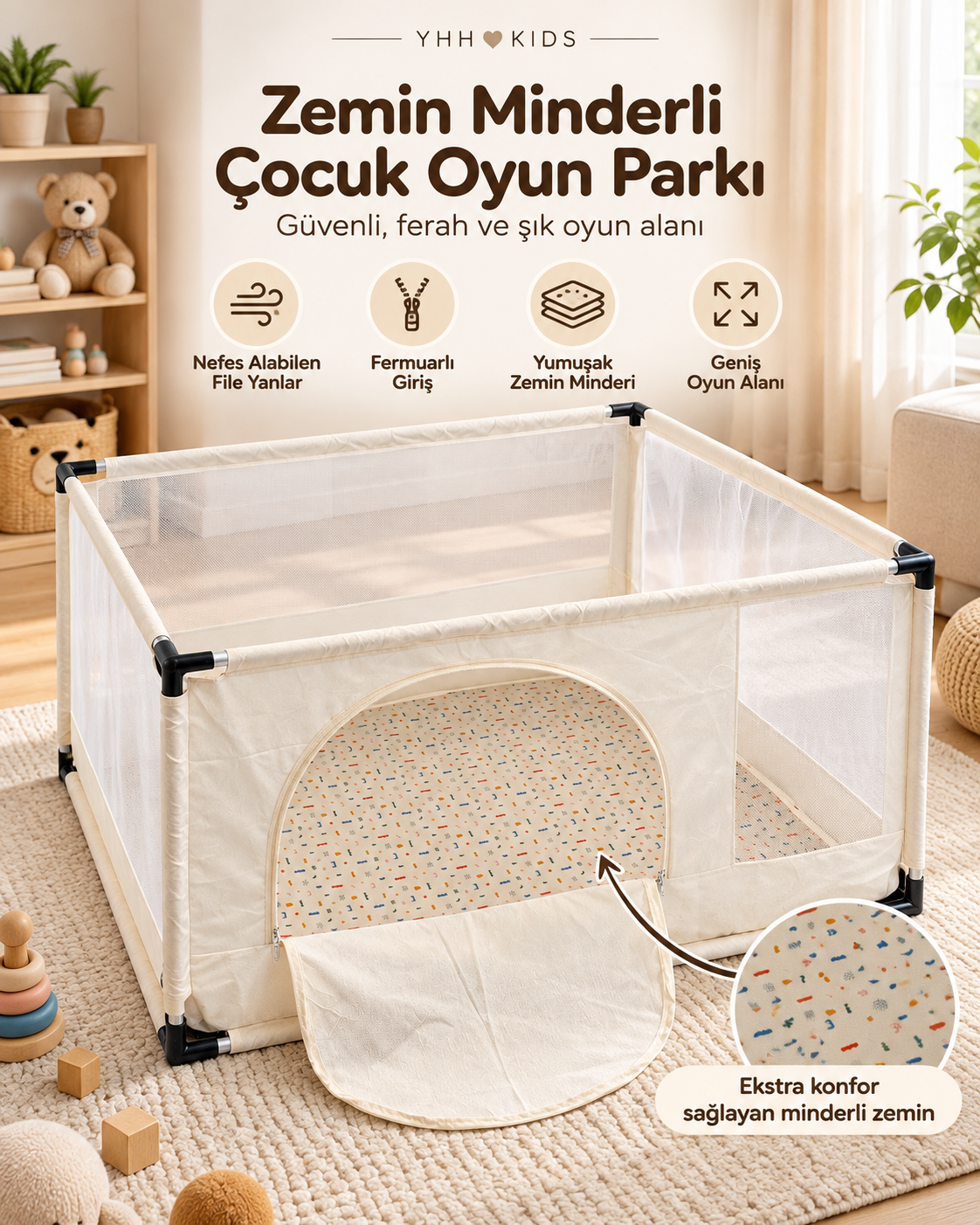 115x115 cm bej kumaş kapılı çocuk oyun parkı