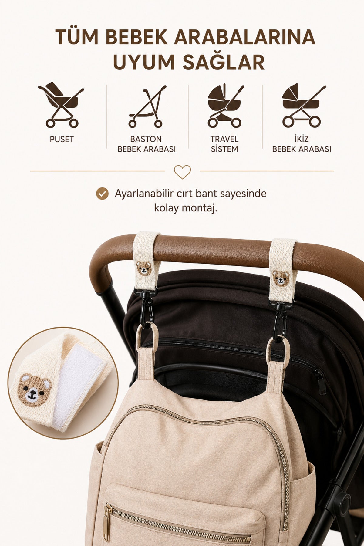 TeddyHook 2'li Bebek Arabası Askısı Metal Karabinalı Ayıcık Nakışlı