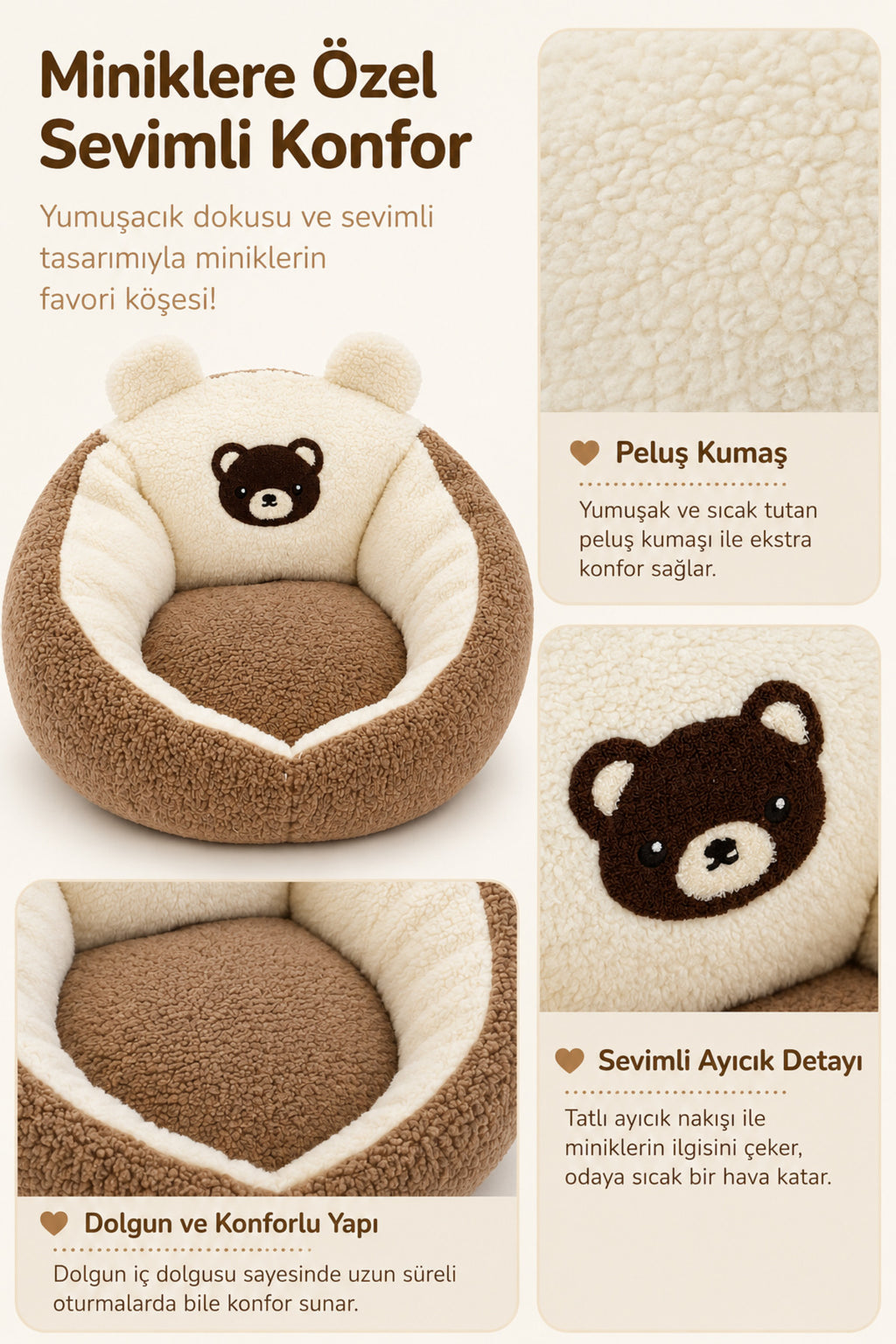 TeddyNest Ayıcık Çocuk Mini Koltuk Puf 1-7 Yaş Peluş Yumuşak Oturma Minderi Kaydırmaz Tabanlı - Kahverengi