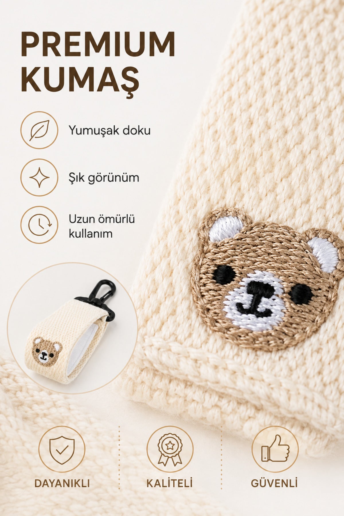 TeddyHook 2'li Bebek Arabası Askısı Metal Karabinalı Ayıcık Nakışlı