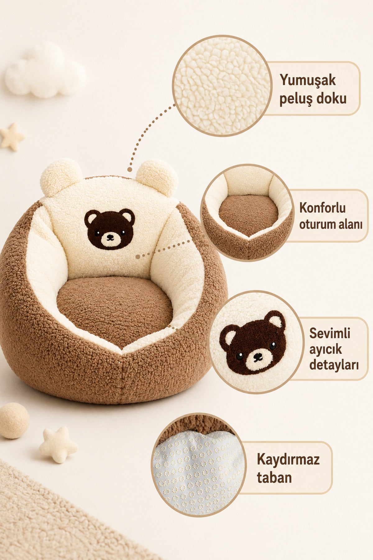 TeddyNest Ayıcık Çocuk Mini Koltuk Puf 1-7 Yaş Peluş Yumuşak Oturma Minderi Kaydırmaz Tabanlı - Kahverengi