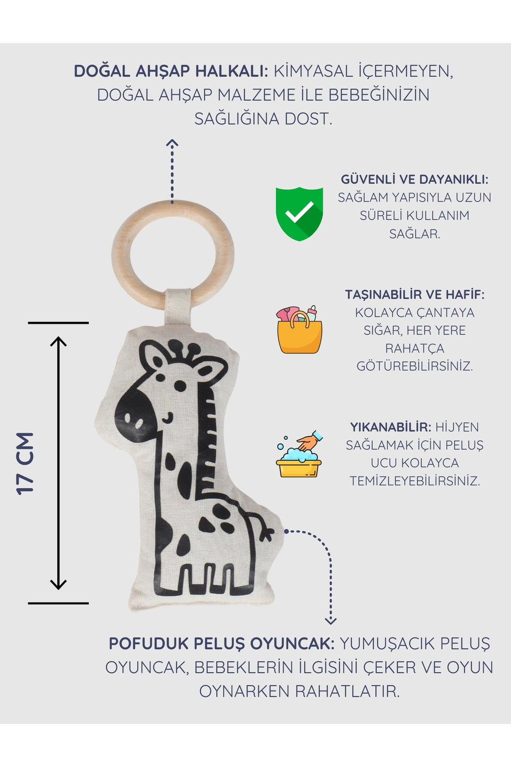 Ahşap Halkalı Bebek Diş Kaşıyıcı Peluşlu Diş Kaşıma Oyuncağı Koala - Zürafa