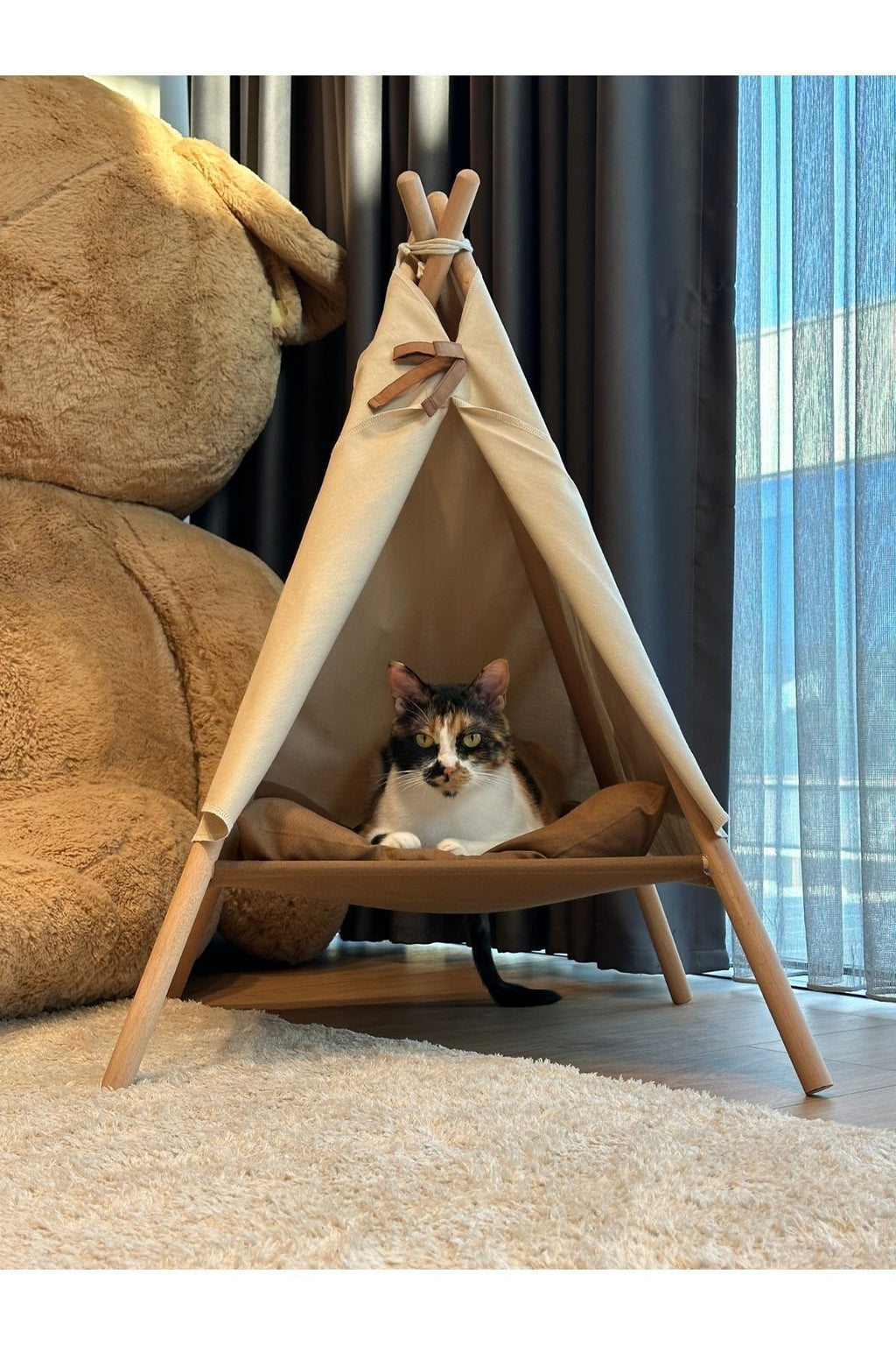 PawTent Kedi Çadırı Kedi Yatağı Pofuduk Minderli Bej