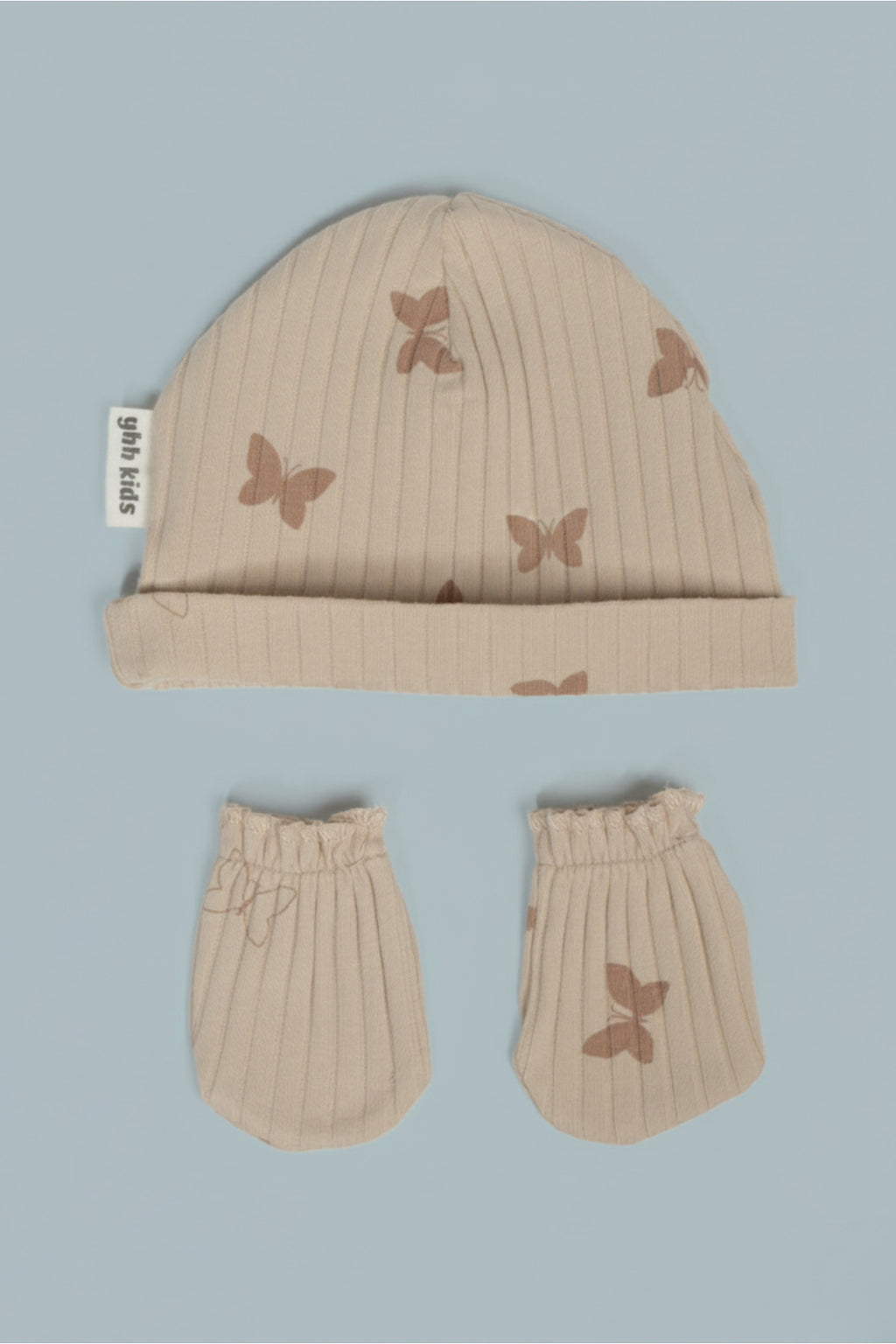 Yeni Doğan Şapka & Eldiven Seti – %100 Pamuklu Penye Extra Yumuşak Hafif Terletmez, 0-6 Ay Unisex - Bej Kelebek