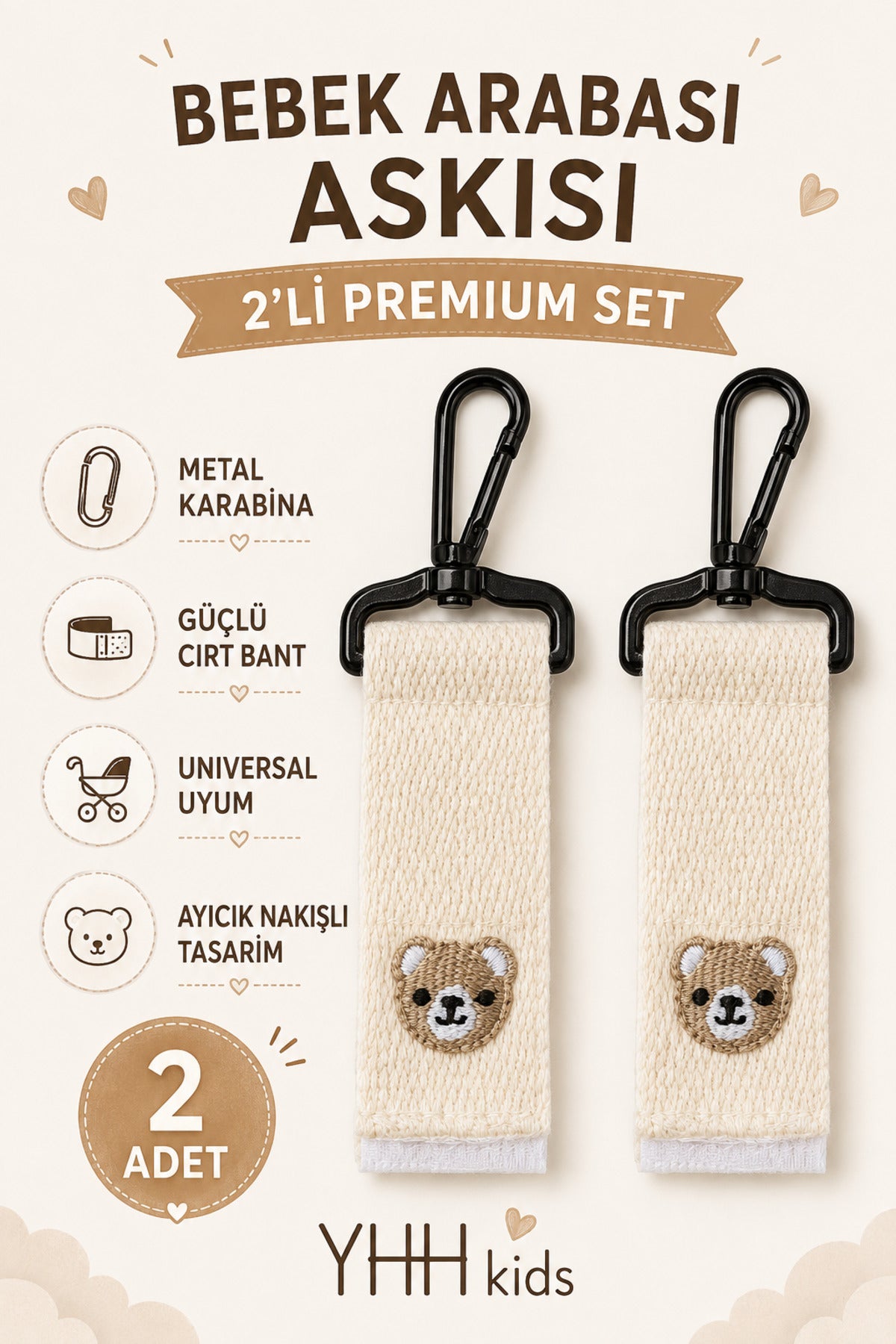 TeddyHook 2'li Bebek Arabası Askısı Metal Karabinalı Ayıcık Nakışlı