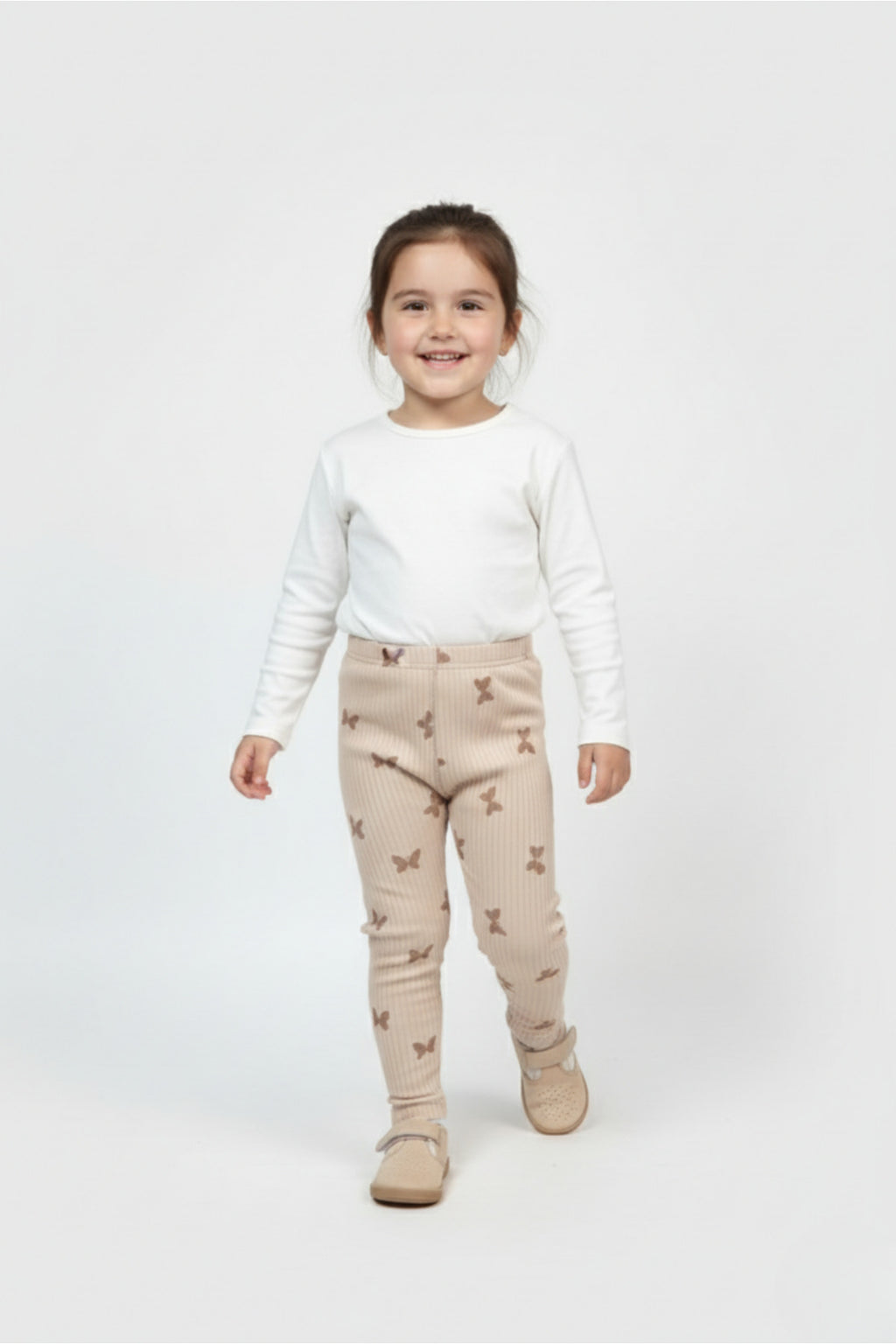 0-5 Yaş Unisex Çocuk Taytı Fitilli Pamuklu Esnek & Konforlu - Bej Kelebek