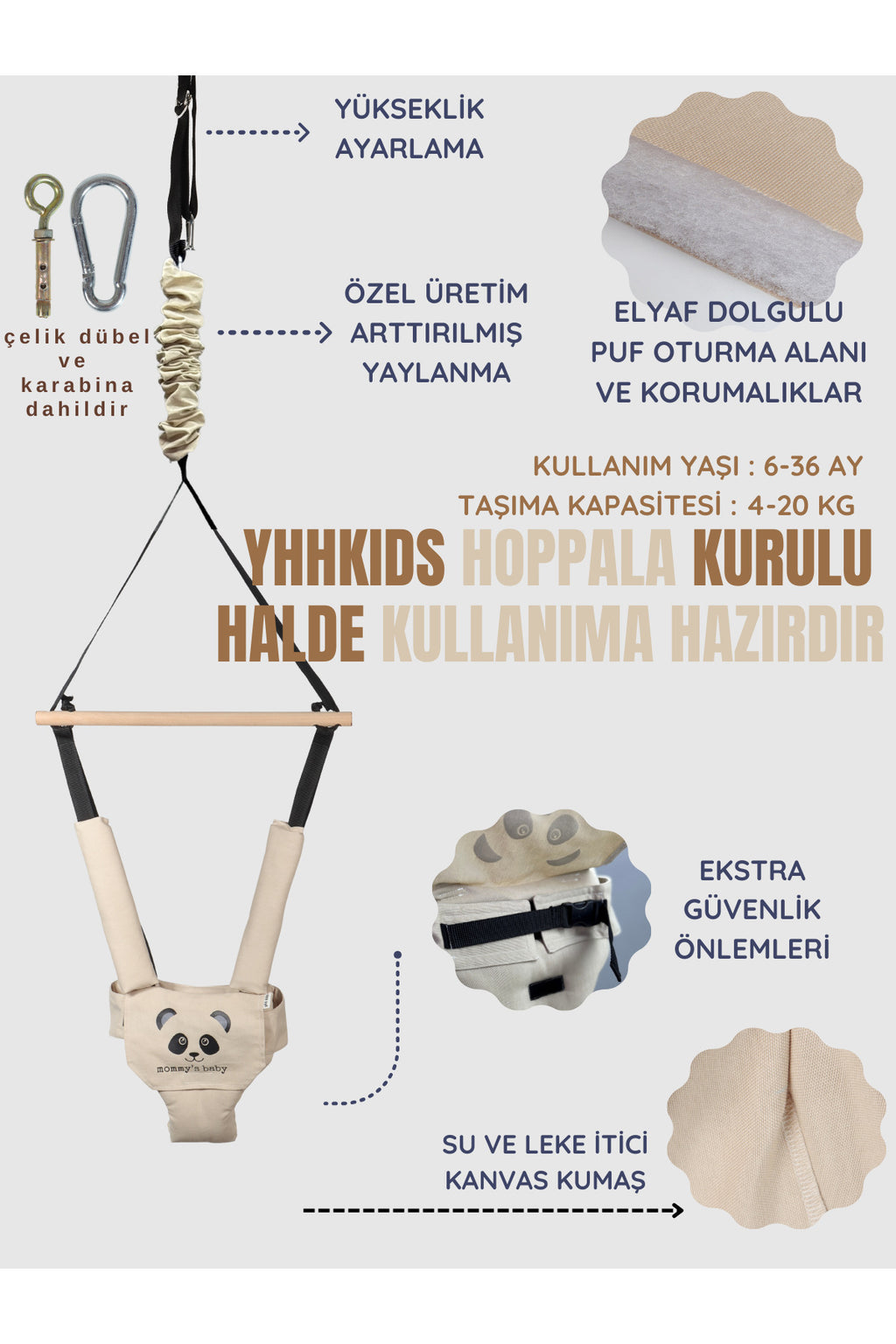 BouncyNest Elyaf Dolgulu Bebek Hoppala – Yumuşak Minderli, Emniyet Kemerli Zıpzıp Turkuaz