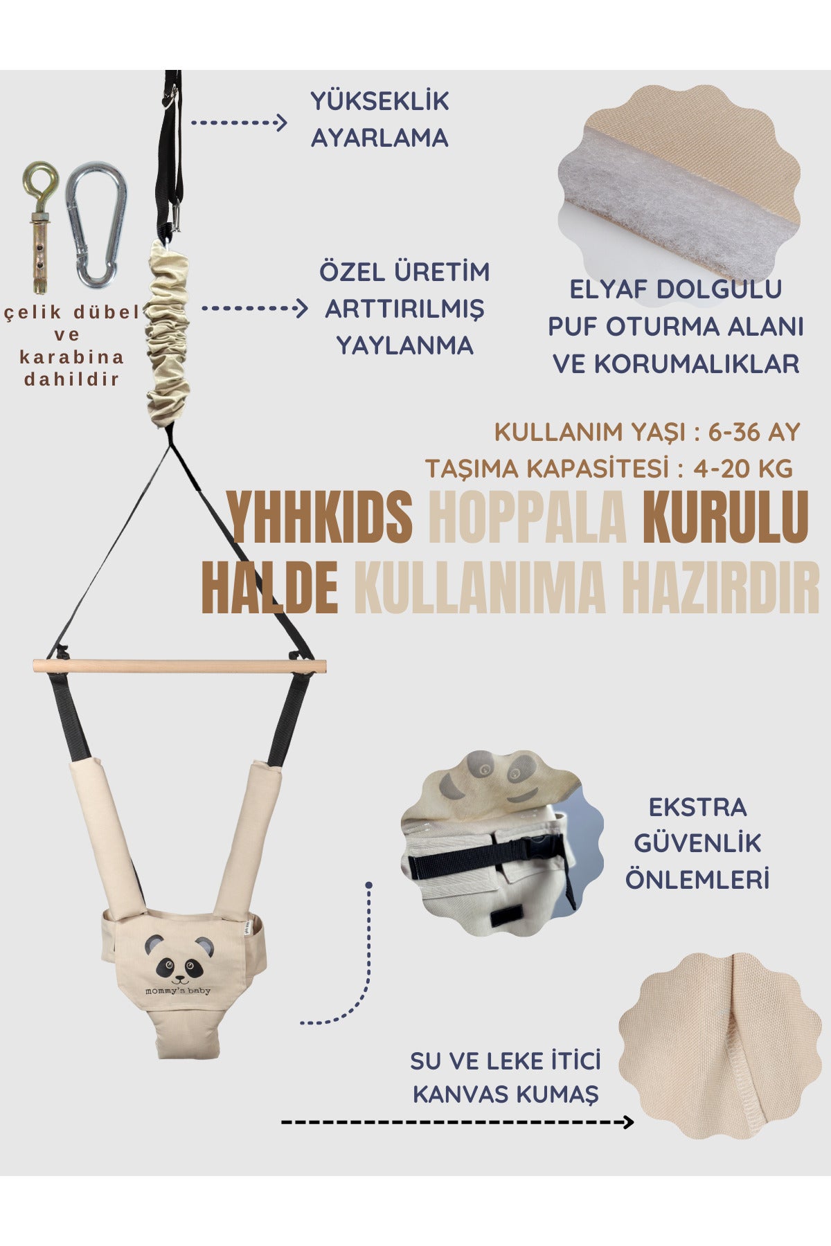 BouncyNest Elyaf Dolgulu Bebek Hoppala – Yumuşak Minderli, Emniyet Kemerli Zıpzıp Turkuaz