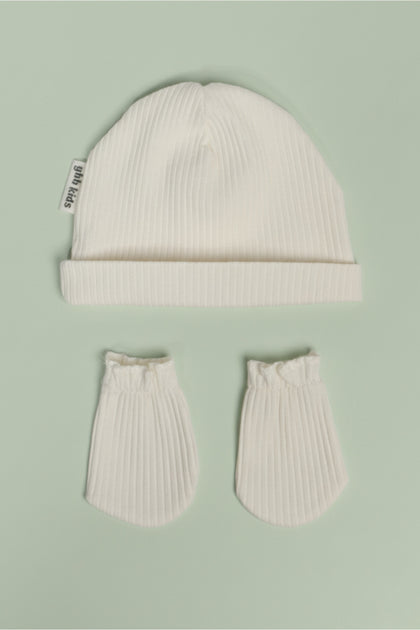 Yeni Doğan Şapka & Eldiven Seti – %100 Pamuklu Penye Extra Yumuşak Hafif Terletmez, 0-6 Ay Unisex - Ekru