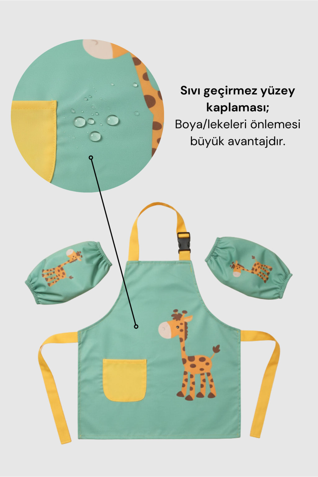 Sıvı Geçirmez Çocuk Aktivite Önlüğü ve Kollukları – 2-10 Yaş, Ayarlanabilir Boyama Önlüğü - Yeşil Zürafa