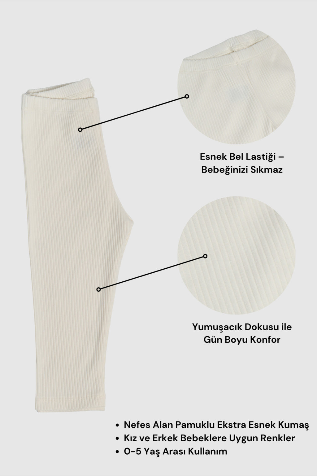 0-5 Yaş Unisex Çocuk Taytı Fitilli Pamuklu Esnek & Konforlu - Ekru