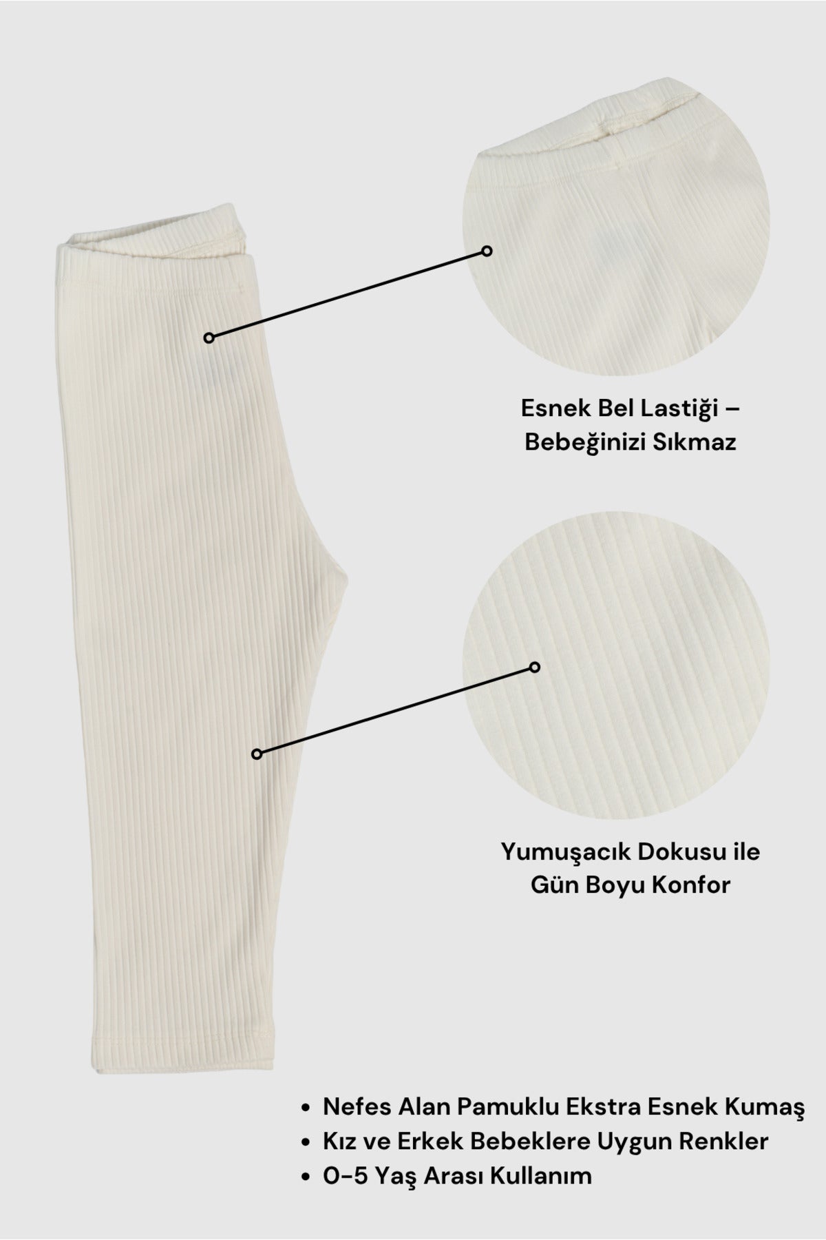 0-5 Yaş Unisex Çocuk Taytı Fitilli Pamuklu Esnek & Konforlu - Ekru