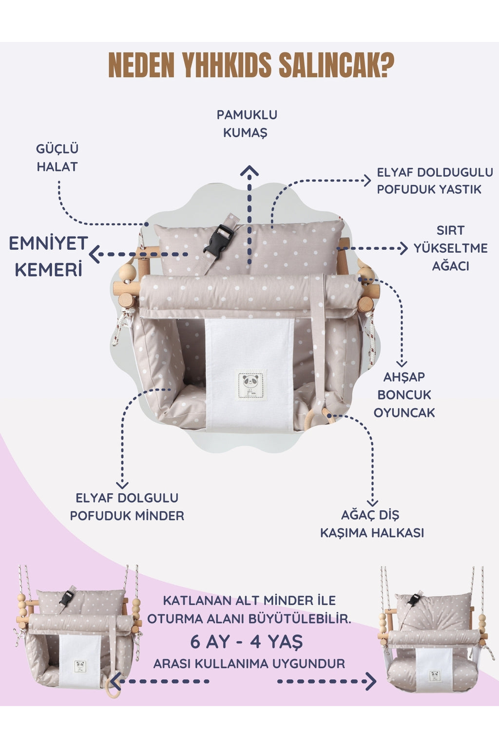 Swingee Emniyet Kemerli Bebek Salıncak Ağaç Salıncak Noktalı Bej