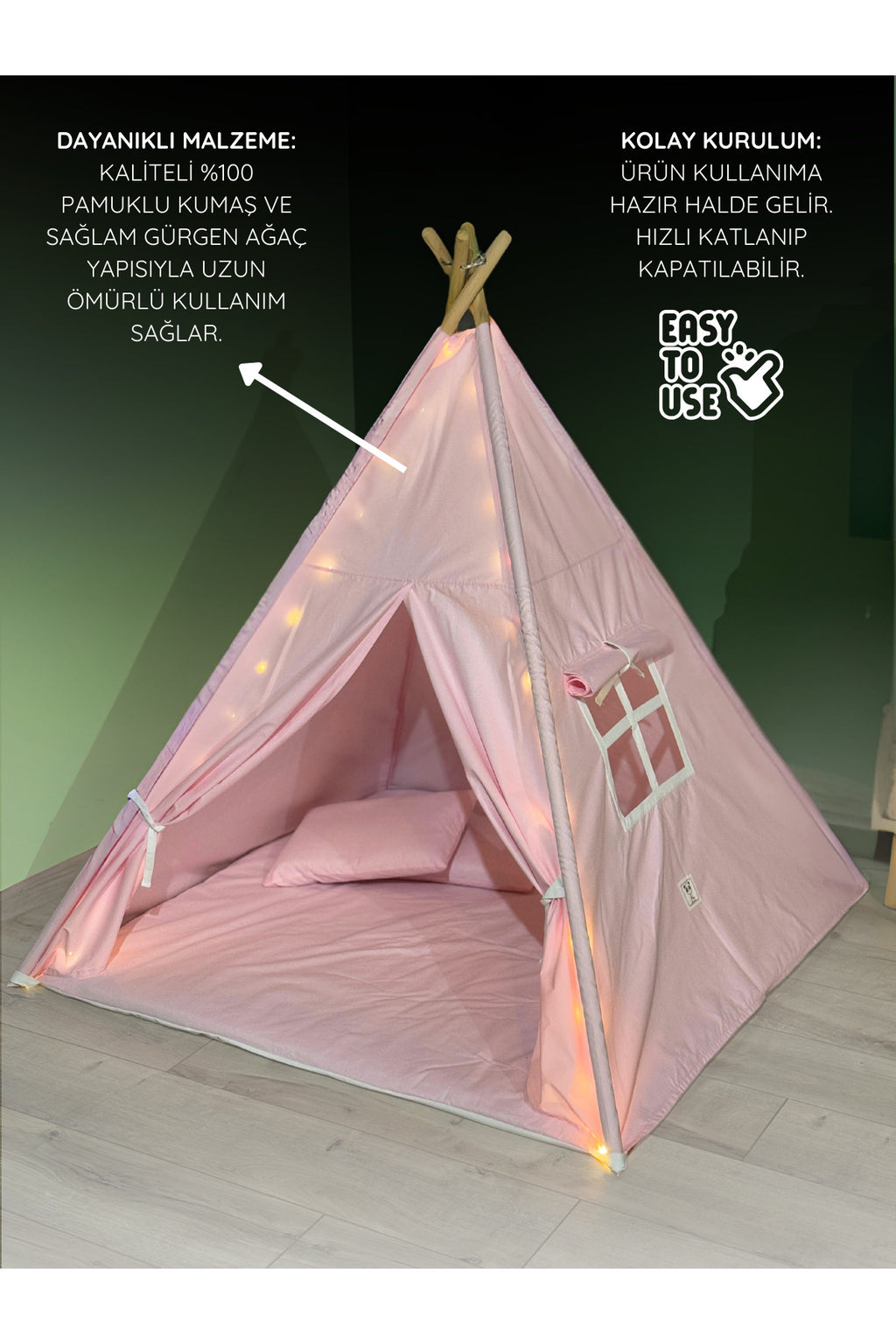 LumiTent Işıklı Çocuk Oyun Çadırı Kızıldereli Çadırı Oyun Evi Minder ve Yastıklı Pembe