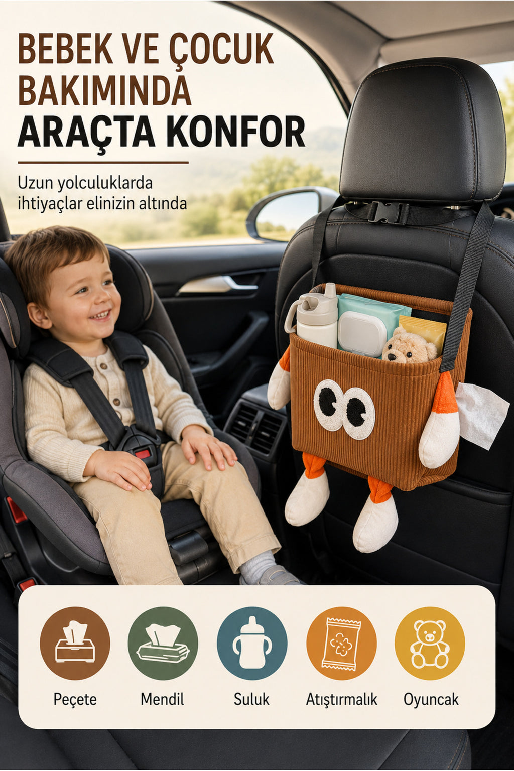 BinMio Çok Amaçlı Araç Çöp Çantası | Çocuk Araç Düzenleyici, Peçetelik Kahverengi