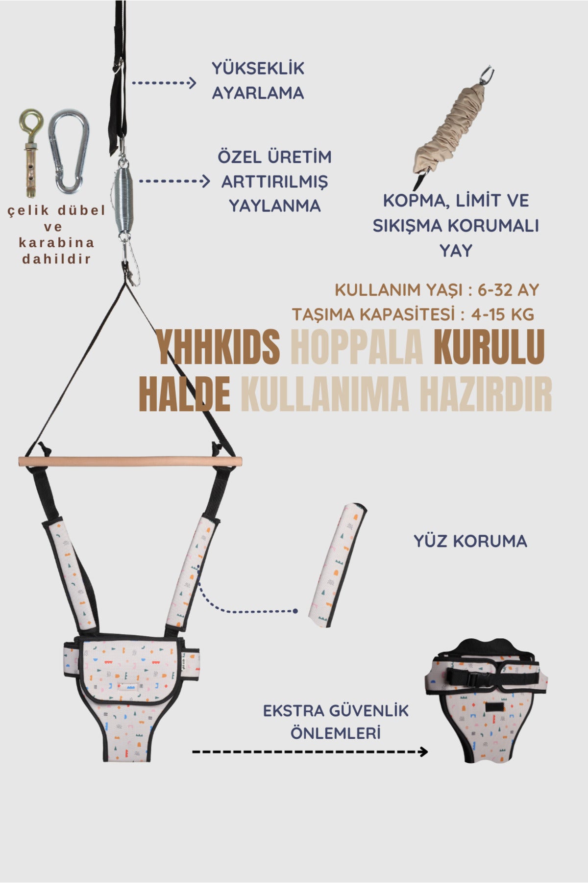 LumiJump Bebek Hoppala – Yüz Korumalı, Güvenlik Kemerli, Yaylı Zıpzıp Yürüteci - Geometrik