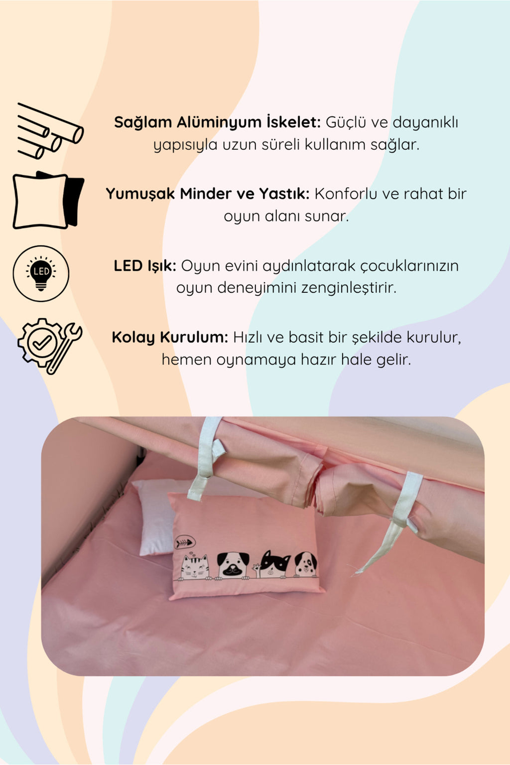 CasaMio Işıklı Oyun Evi Çocuk Oyun Çadırı Minder ve Yastıklı Pembe