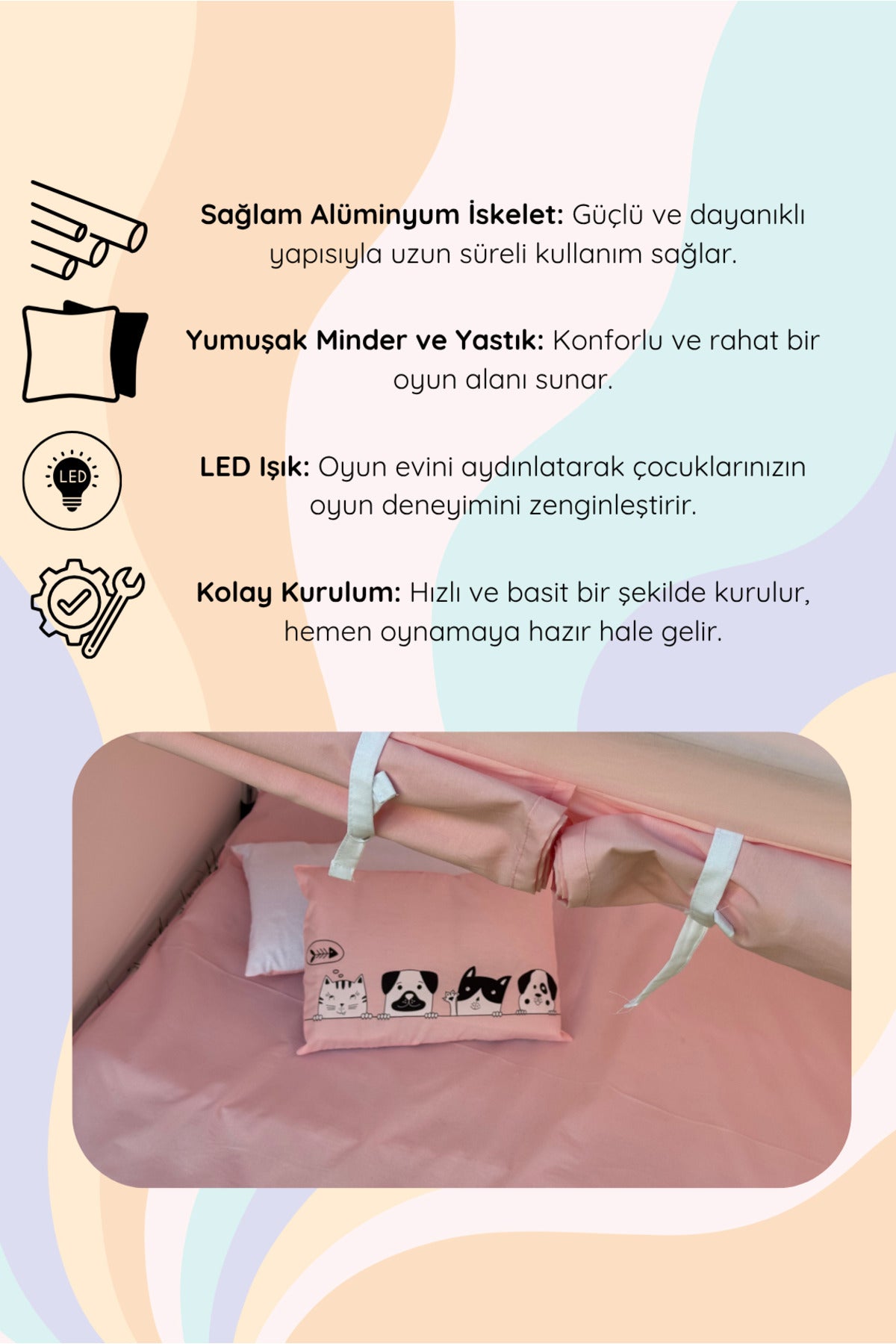 CasaMio Işıklı Oyun Evi Çocuk Oyun Çadırı Minder ve Yastıklı Pembe