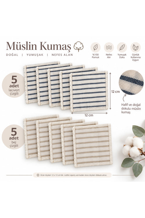 10'lu Desenli Müslin Bebek Ağız Mendili %100 Pamuk 12x12 Cm - Bej