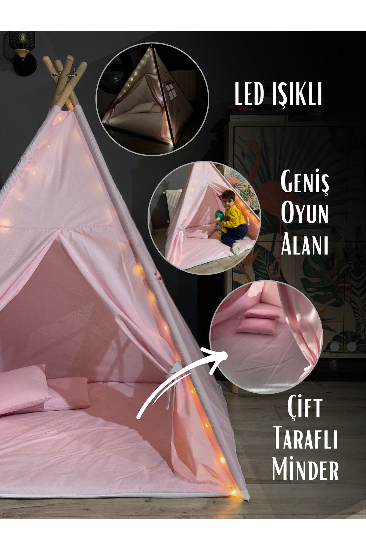 LumiTent Işıklı Çocuk Oyun Çadırı Kızıldereli Çadırı Oyun Evi Minder ve Yastıklı Pembe