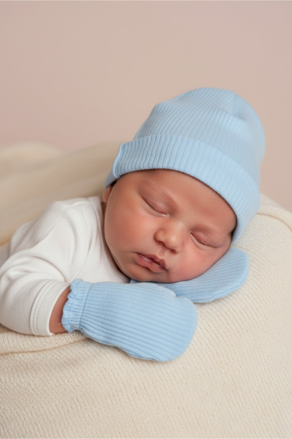 Yeni Doğan Şapka & Eldiven Seti – %100 Pamuklu Penye Extra Yumuşak Hafif Terletmez, 0-6 Ay Unisex - Mavi