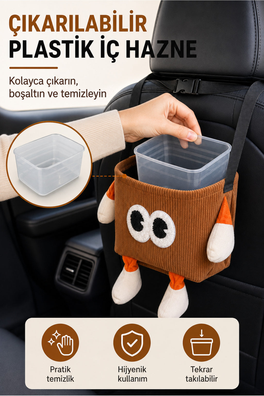 BinMio Çok Amaçlı Araç Çöp Çantası | Çocuk Araç Düzenleyici, Peçetelik Kahverengi