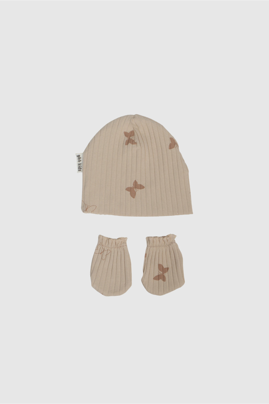 Yeni Doğan Şapka & Eldiven Seti – %100 Pamuklu Penye Extra Yumuşak Hafif Terletmez, 0-6 Ay Unisex - Bej Kelebek