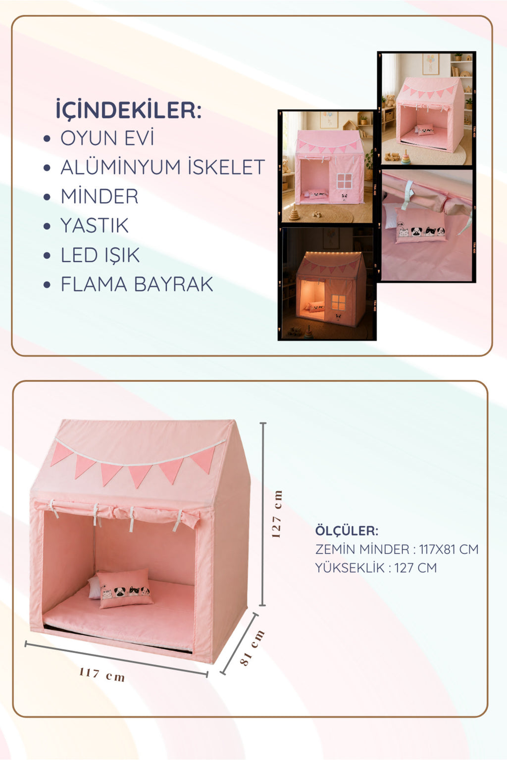 CasaMio Işıklı Oyun Evi Çocuk Oyun Çadırı Minder ve Yastıklı Pembe