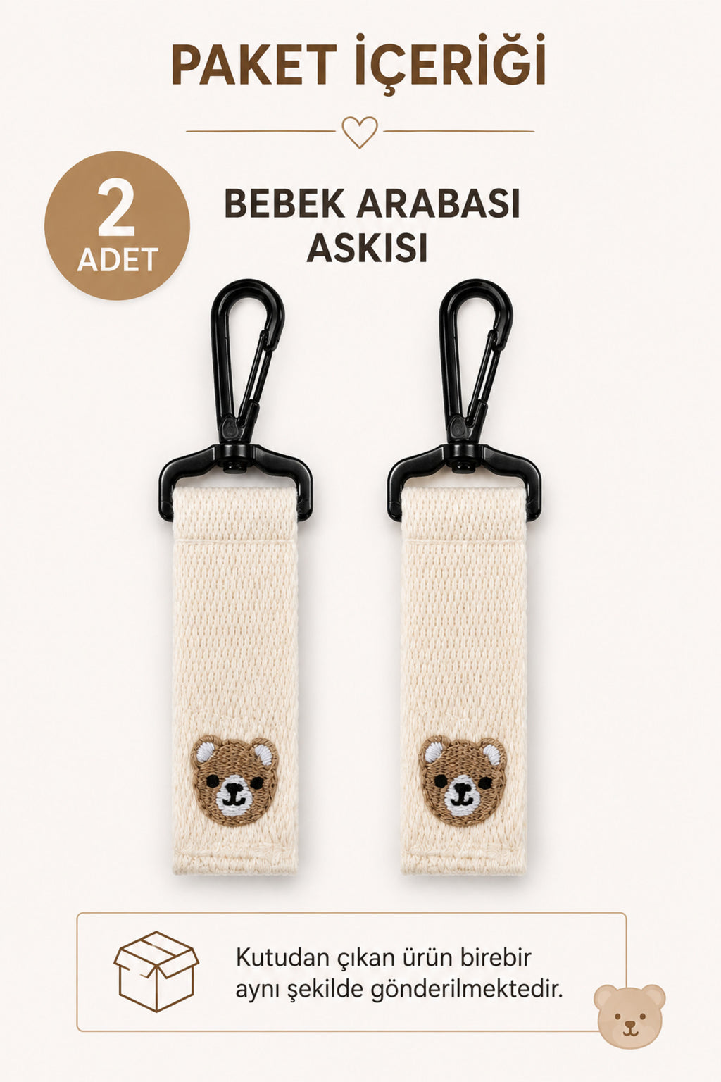 TeddyHook 2'li Bebek Arabası Askısı Metal Karabinalı Ayıcık Nakışlı