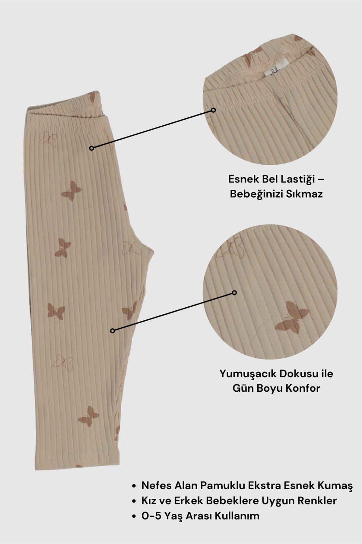 0-5 Yaş Unisex Çocuk Taytı Fitilli Pamuklu Esnek & Konforlu - Bej Kelebek