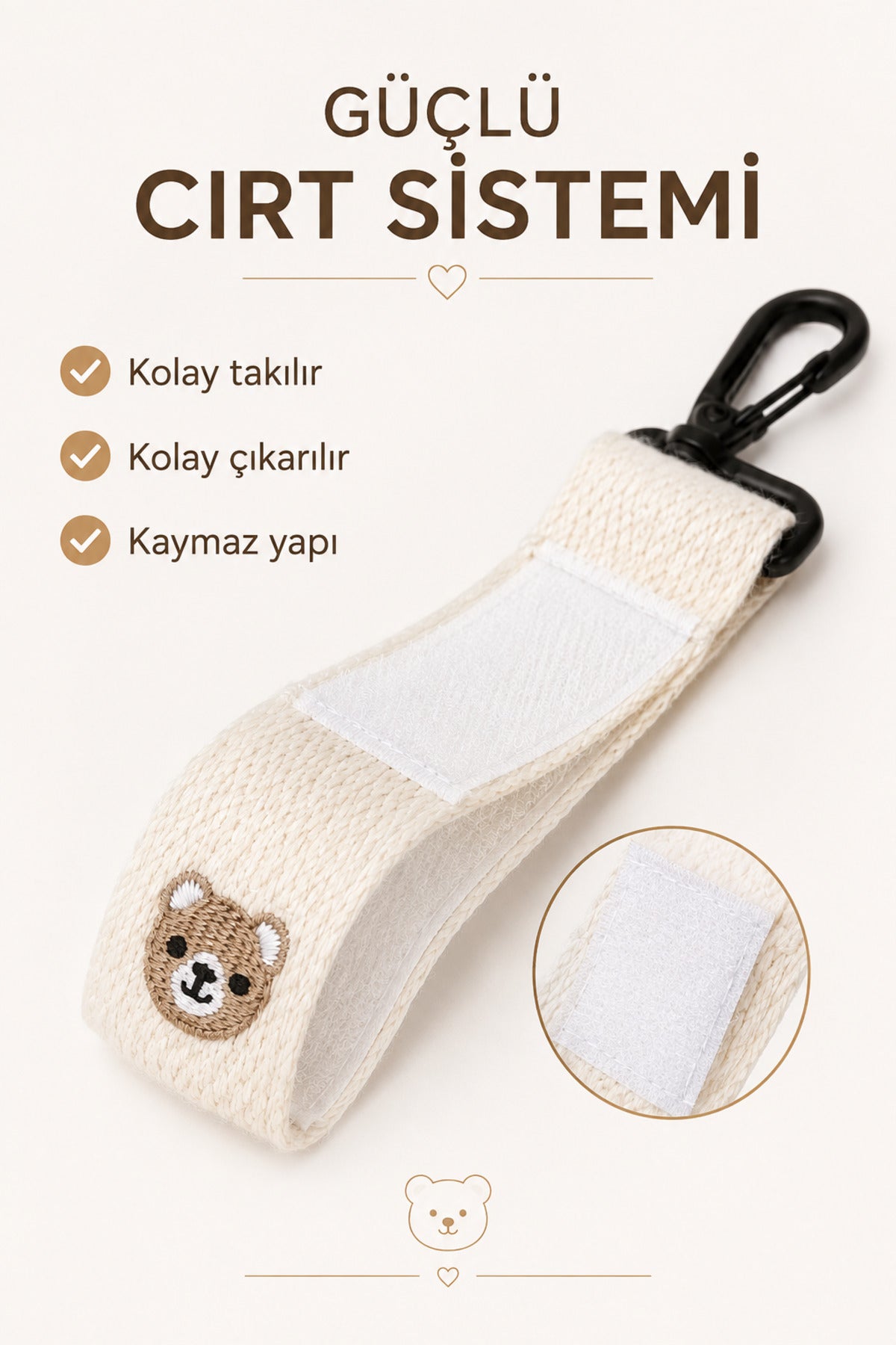TeddyHook 2'li Bebek Arabası Askısı Metal Karabinalı Ayıcık Nakışlı