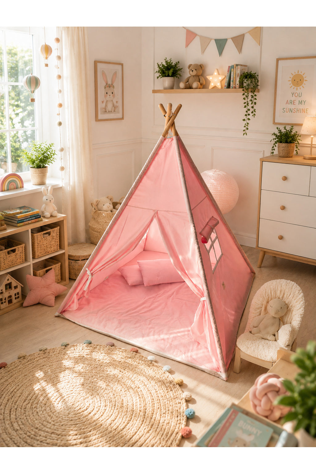 LumiTent Işıklı Çocuk Oyun Çadırı Kızıldereli Çadırı Oyun Evi Minder ve Yastıklı Pembe