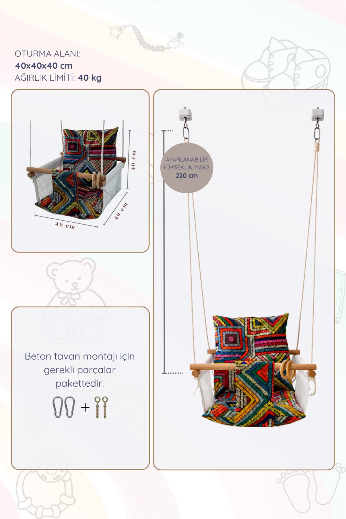 BohoNest™ Emniyet Kemerli Çocuk Salıncağı – Minderli, Ahşap, Premium Tasarım - Bohem