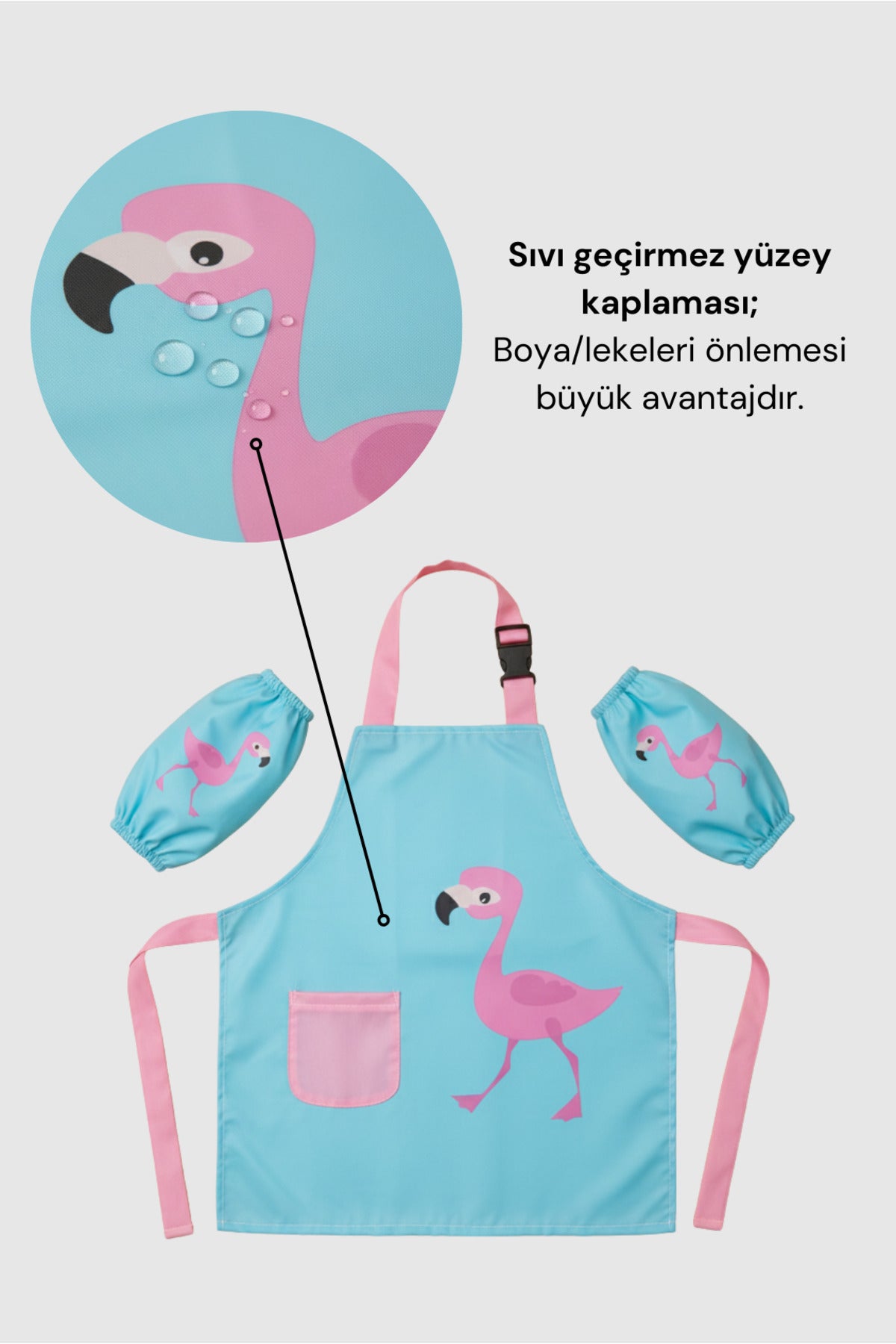 Sıvı Geçirmez Çocuk Aktivite Önlüğü ve Kollukları – 2-10 Yaş, Ayarlanabilir Boyama Önlüğü - Turkuaz Flamingo