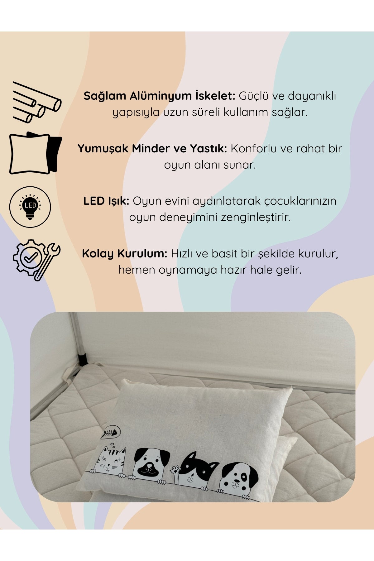 CasaMio Işıklı Oyun Evi Çocuk Oyun Çadırı Minder ve Yastıklı Bej