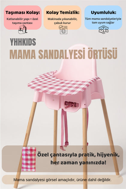 Lastikli Mama Sandalyesi Örtüsü + Taşıma Çantası – Tüm Sandalyelere Uyumlu, Yıkanabilir - Pembe