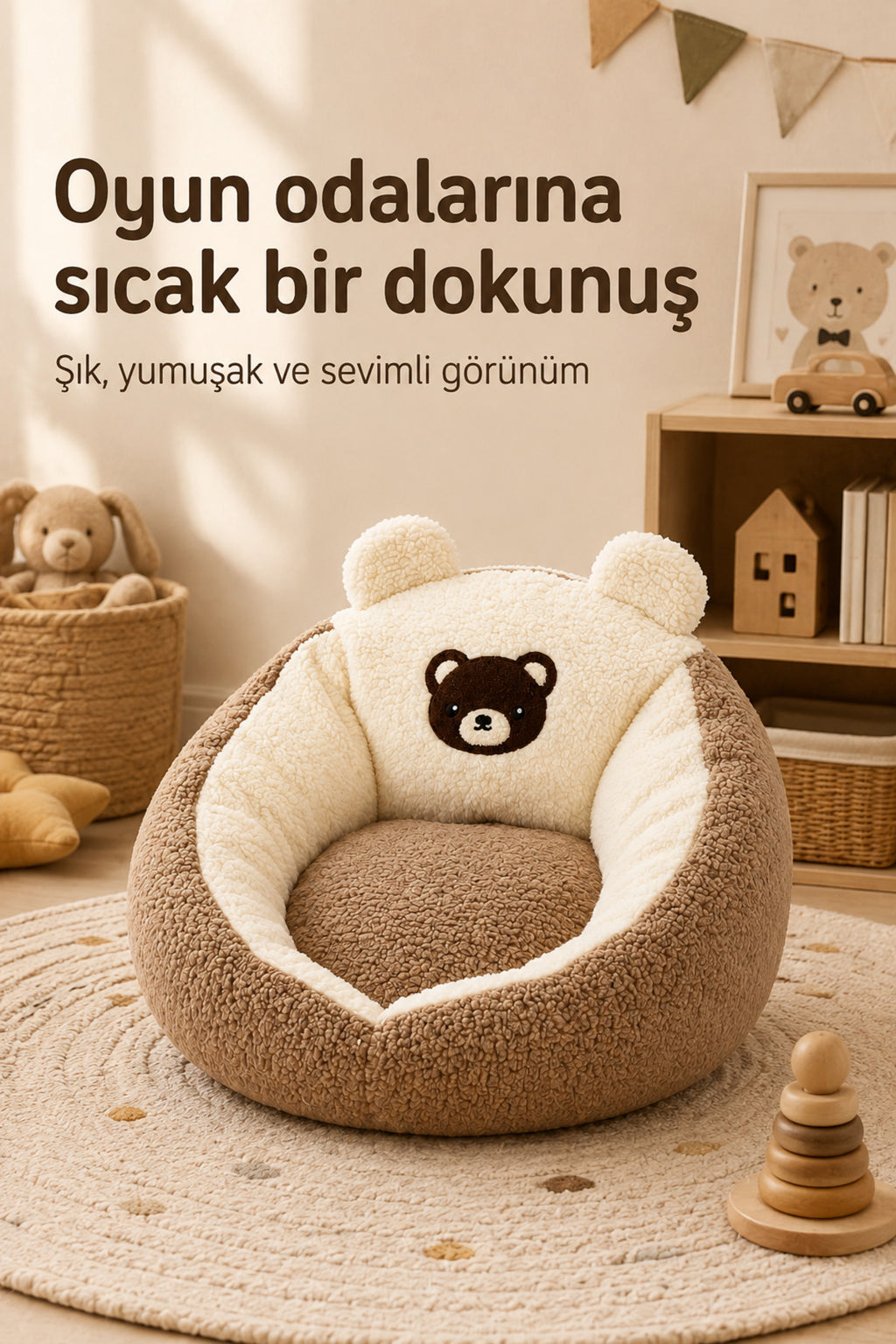 TeddyNest Ayıcık Çocuk Mini Koltuk Puf 1-7 Yaş Peluş Yumuşak Oturma Minderi Kaydırmaz Tabanlı - Kahverengi