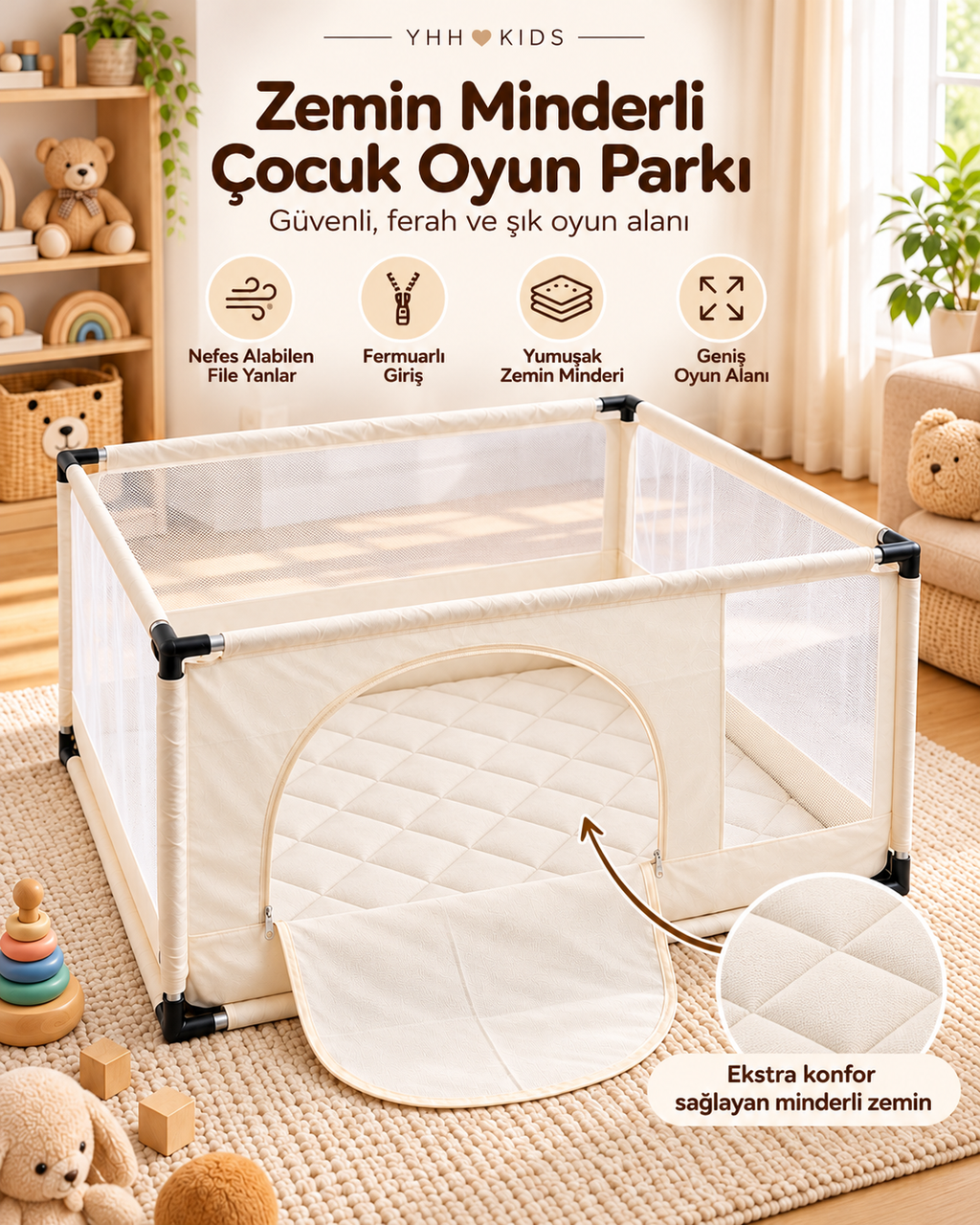 Minderli Bebek ve Çocuk Oyun Alanı 115x115 cm Bej Kumaş Kapılı Oyun Parkı