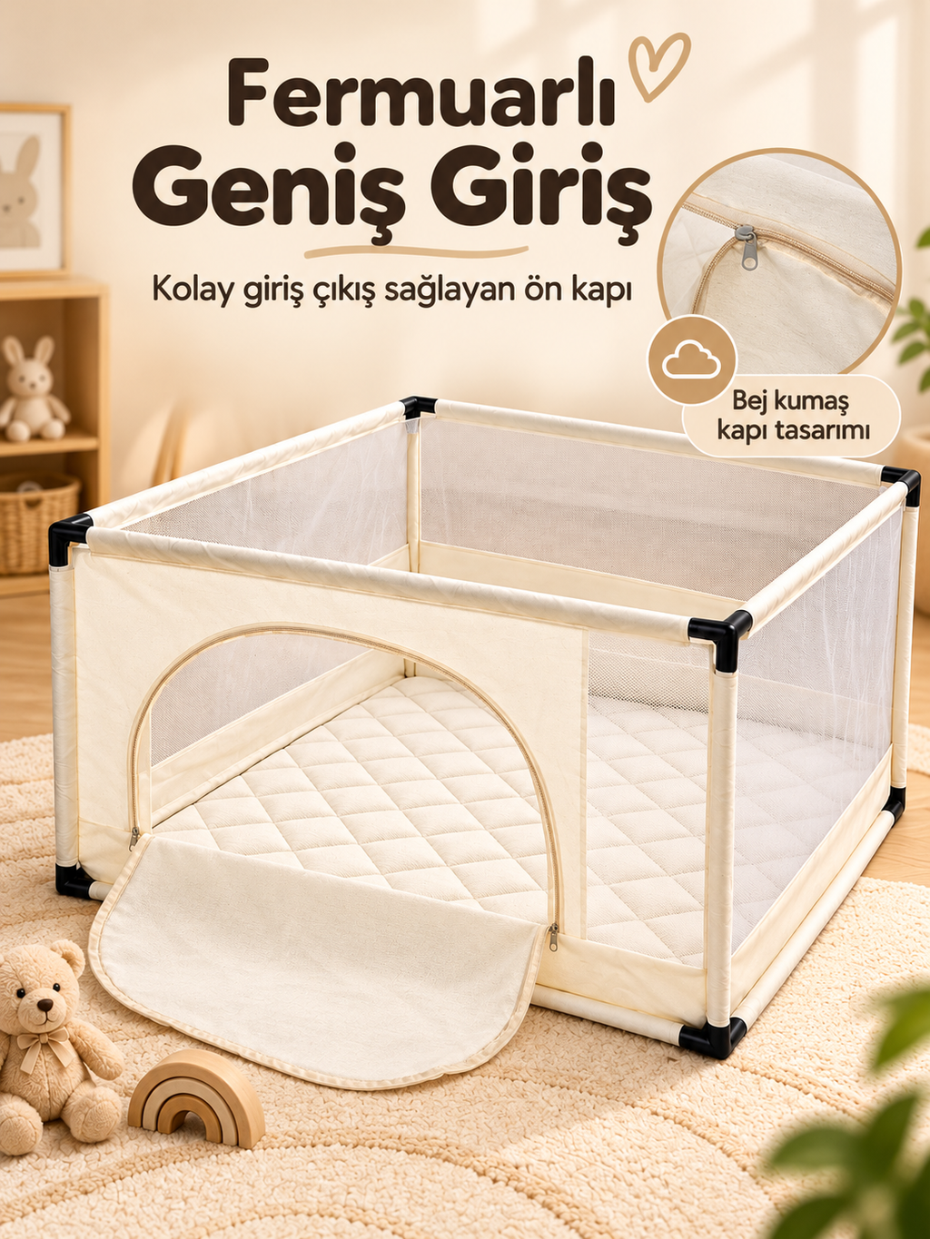 Minderli Bebek ve Çocuk Oyun Alanı 115x115 cm Bej Kumaş Kapılı Oyun Parkı