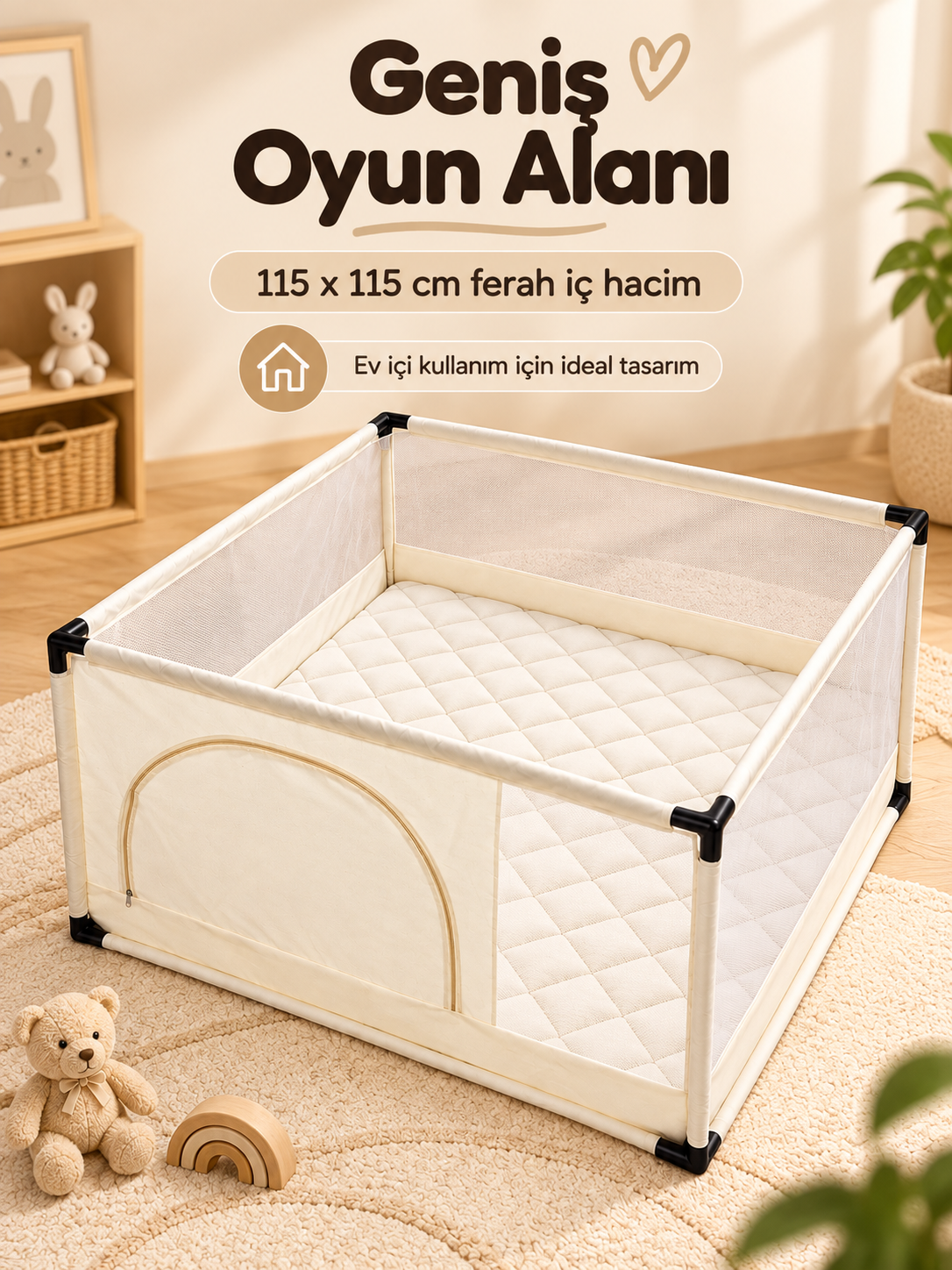 Minderli Bebek ve Çocuk Oyun Alanı 115x115 cm Bej Kumaş Kapılı Oyun Parkı